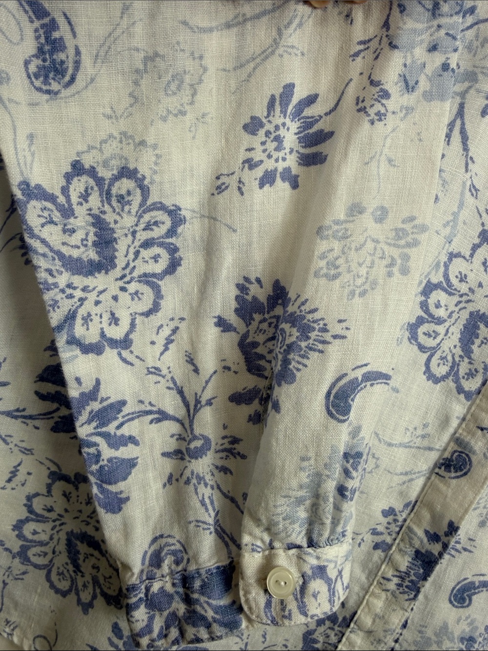 L.L.Bean 100% Linen Floral Button Front Blouse Blue White XL Mandarin Collar - Picture 4 of 12